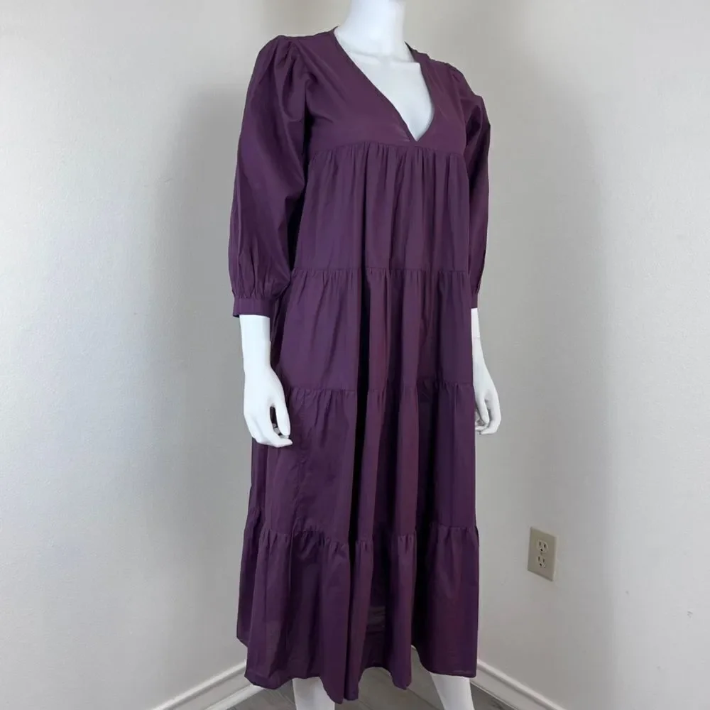 Mille Gemma Women Size XXS Purple Peasant Cotton Pullover Tiered Midi NEW Dress
